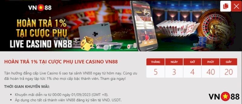 Chương trình VN88 hoàn trả 1% tại cược phụ Live Casino